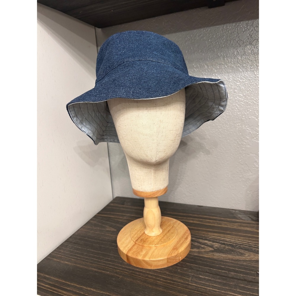 Vintage Reversible Denim Bucket Hat Blue Striped Sun Cap Summer Spring